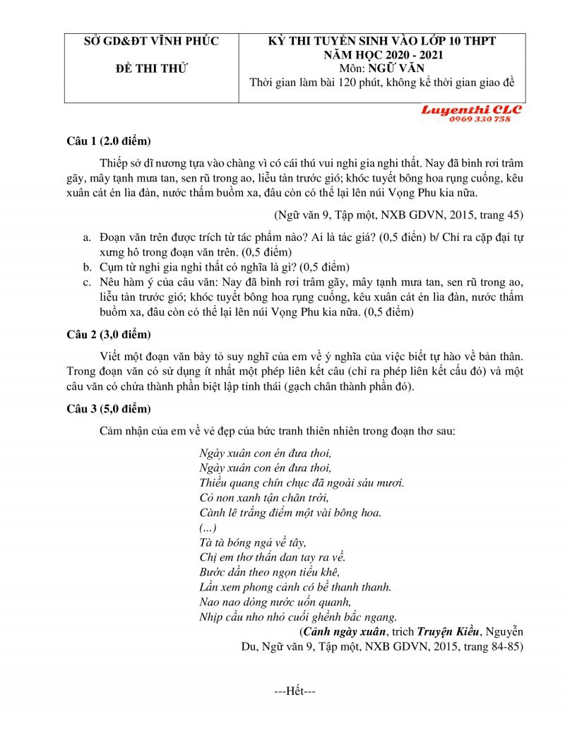 Đề thi thử tuyển sinh vào lớp 10 THPT môn Ngữ Văn tỉnh Vĩnh Phúc năm 2021