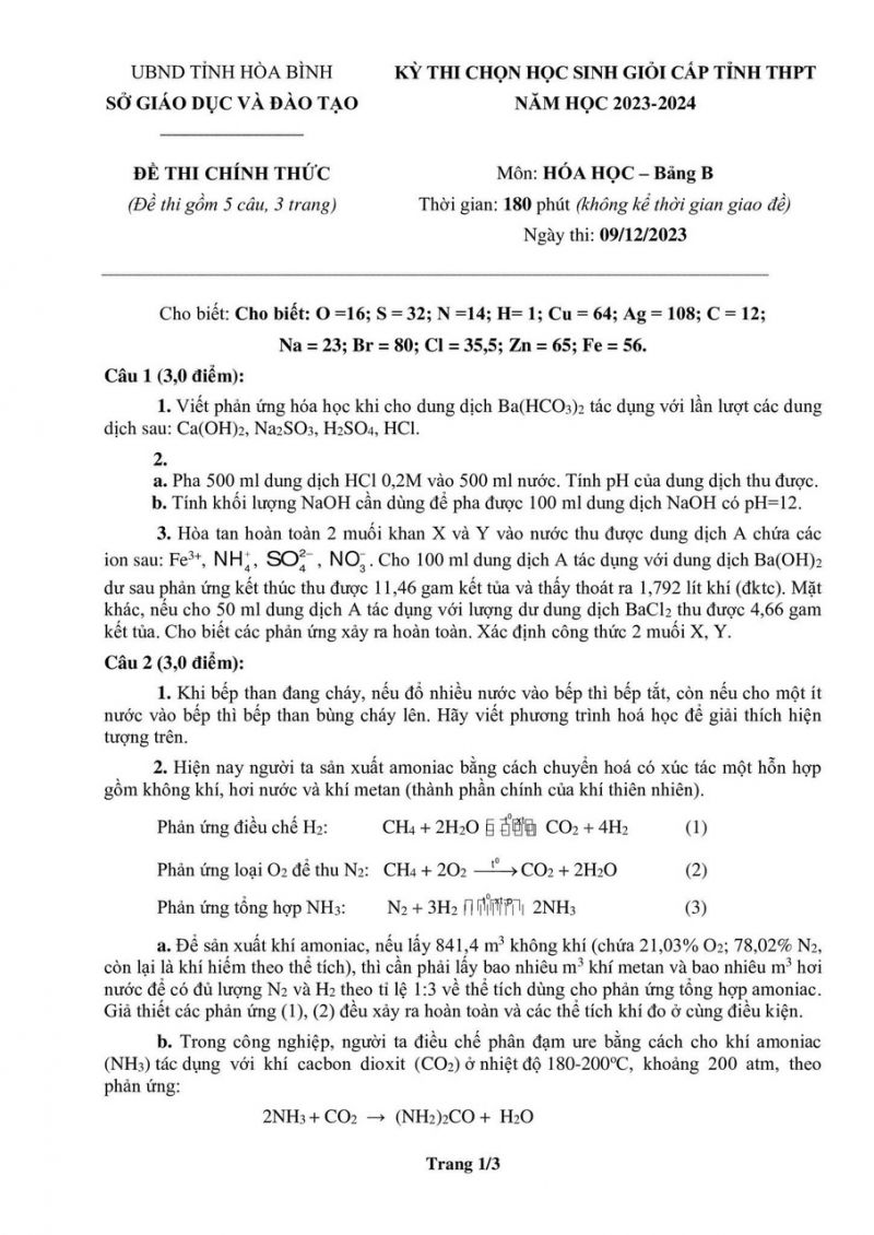 Đề thi chọn HSG và đáp án môn Hóa Học cấp THPT tỉnh Hòa Bình năm 2023