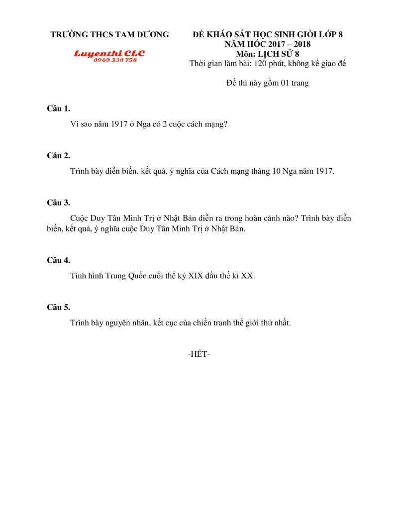 Đề thi khảo HSG môn Lịch Sử lớp 8 huyện Tam Dương, tỉnh Vĩnh Phúc năm 2018