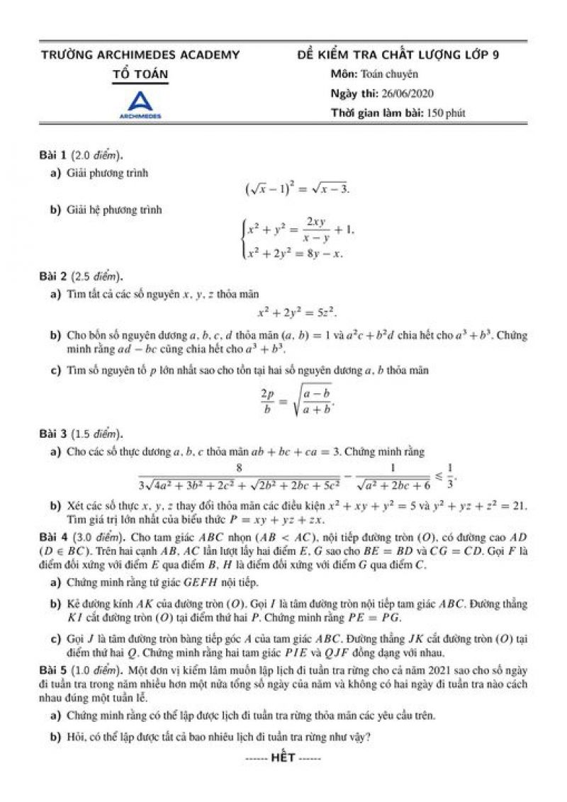 Đề kiểm tra chất lượng lớp 9 m&ocirc;n To&aacute;n chuy&ecirc;n Trường Archimedes Academy năm 2020