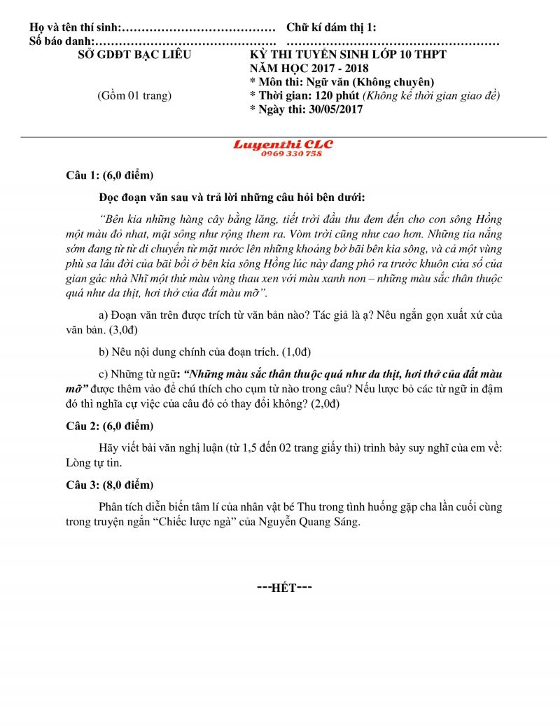 Đề thi tuyển sinh v&agrave;o lớp 10 THPT m&ocirc;n Ngữ Văn tỉnh Bạc Li&ecirc;u năm 2017