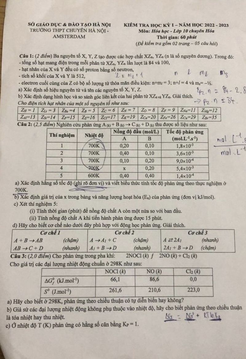 Đề kiểm tra học kì I môn Hóa Học lớp 10 Trường THPT CHUYÊN Hà Nội - Amsterdam năm 2022