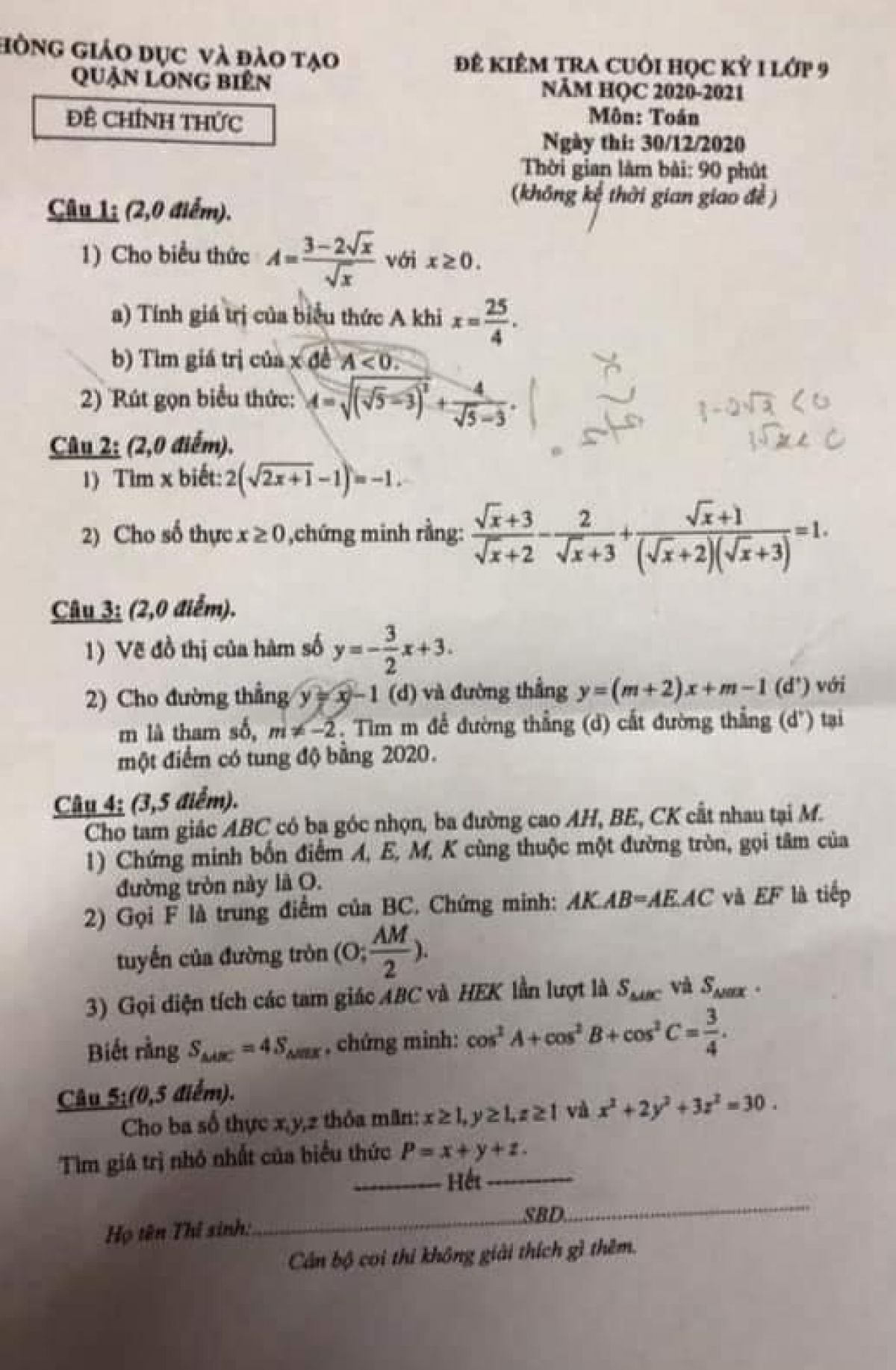 Đề kiểm tra chất lượng học k&igrave; I m&ocirc;n To&aacute;n lớp 9 quận Long Bi&ecirc;n, H&agrave; Nội năm 2020