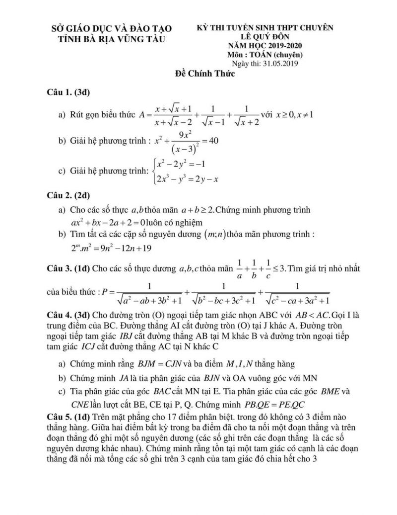 Đề tuyển sinh vào lớp 10 THPT CHUYÊN Lê Qúy Đôn và đáp án môn Toán tỉnh Bà Rịa - Vũng Tàu năm 2019