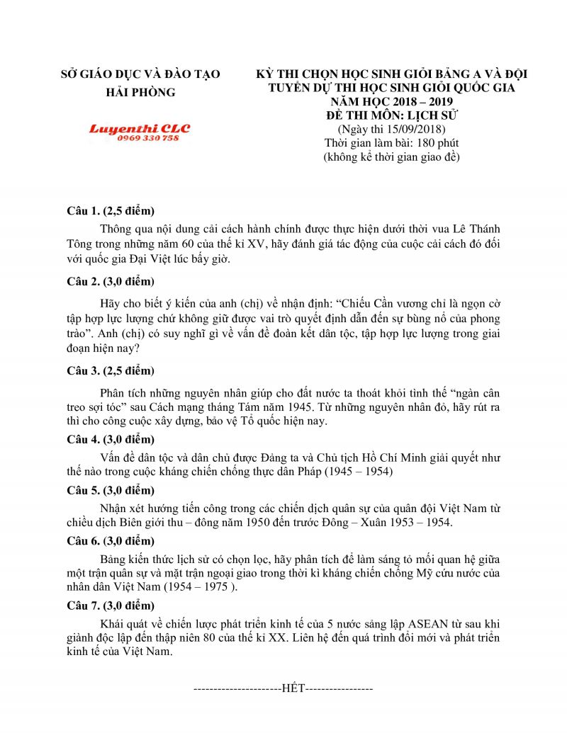 Đề thi dự thi HSG Quốc Gia bảng A môn Lịch Sử tỉnh Hải Phòng năm 2018