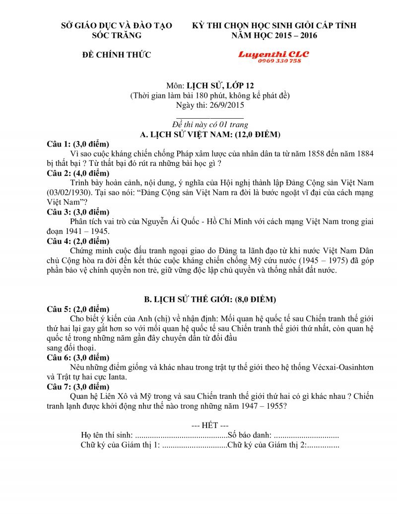 Đề thi chọn HSG môn Lịch Sử lớp 12 tỉnh Sóc Trăng năm 2015