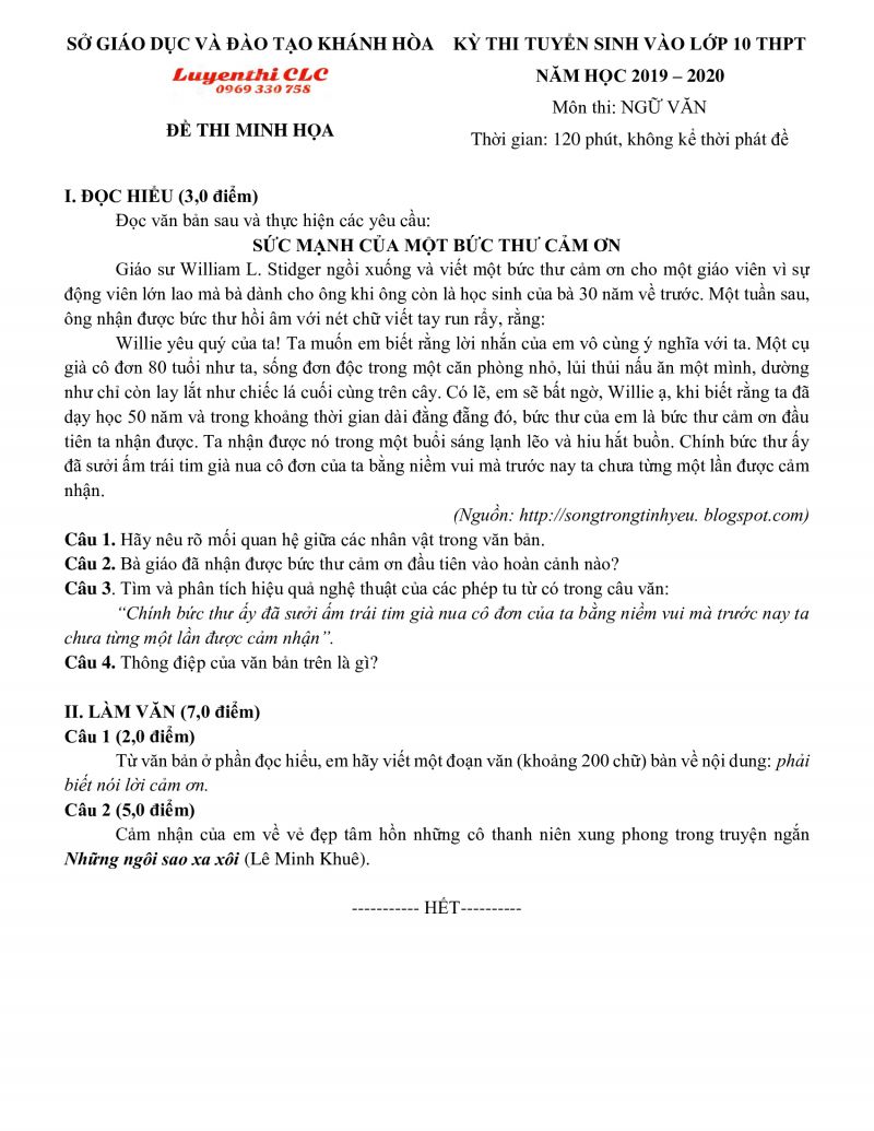 Đề thi tuyển sinh v&agrave;o lớp 10 THPT m&ocirc;n Ngữ Văn tỉnh Kh&aacute;nh H&ograve;a năm 2020