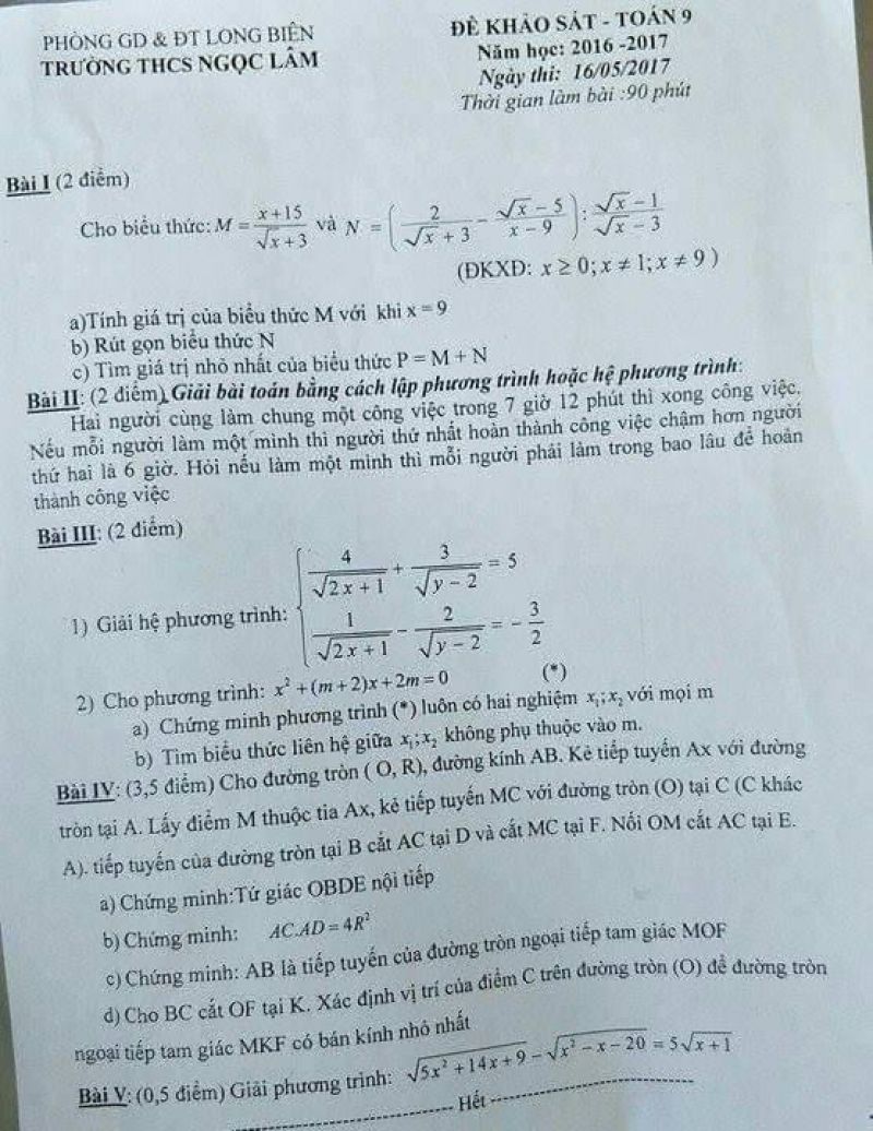 Đề khảo sát môn Toán lớp 9 Trường THCS Ngọc Lâm, quận Long Biên, Hà Nội năm 2017