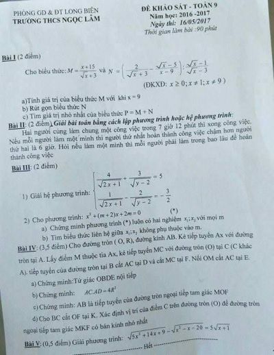 Đề khảo sát môn Toán lớp 9 Trường THCS Ngọc Lâm, quận Long Biên, Hà Nội năm 2017