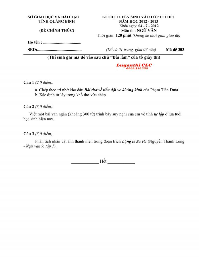 Đề thi tuyển sinh vào lớp 10 THPT môn Ngữ Văn - đề lẻ tỉnh Quảng Bình năm 2012