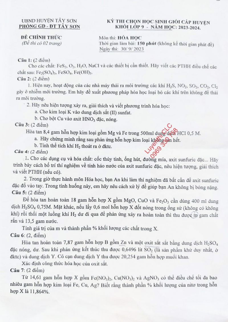 Đề thi chọn HSG môn Hóa Học lớp 9 huyện Tây Sơn, Hà Nội năm 2023