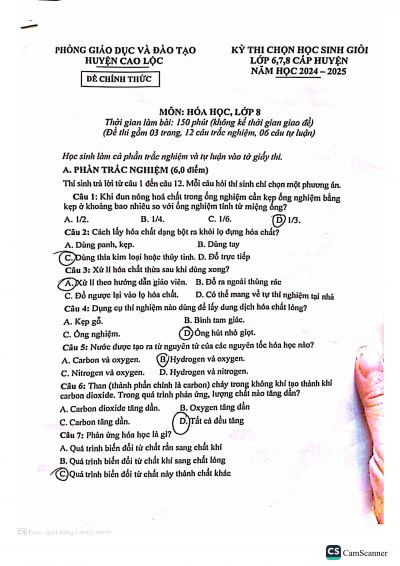 Đề thi chọn HSG m&ocirc;n H&oacute;a lớp 8 - Huyện Cao Lộc năm 2024-2025