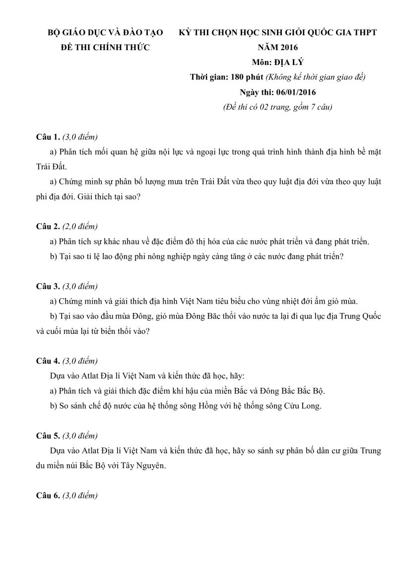 Đề thi chọn HSG Quốc Gia THPT môn Địa Lý năm 2016