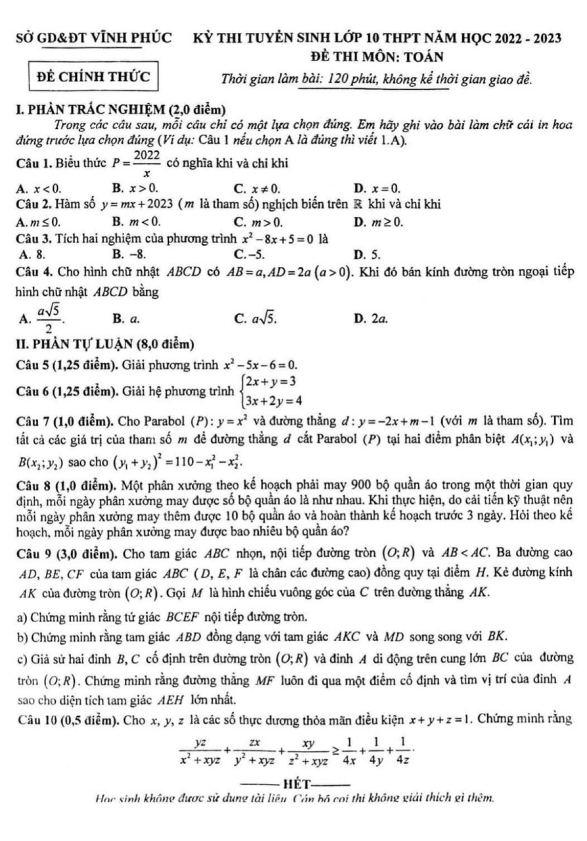 Đề thi tuyển sinh v&agrave;o lớp 10 THPT m&ocirc;n To&aacute;n tỉnh Vĩnh Ph&uacute;c năm 2022