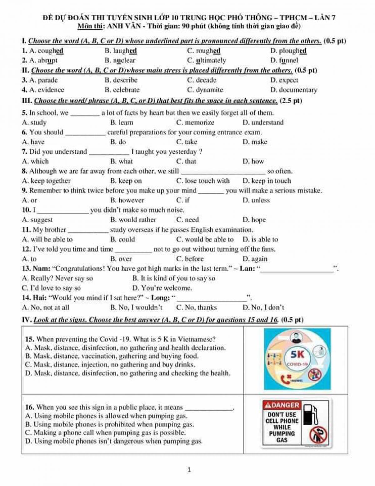 Đề dự đo&aacute;n thi tuyển sinh v&agrave;o lớp 10 THPT - TPHCM - Lần 7 v&agrave; đ&aacute;p &aacute;n m&ocirc;n Anh Văn