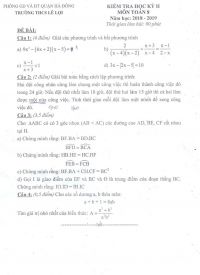 Đề kiểm tra chất lượng học kì II môn Toán 8 Trường THCS Lê Lợi, Hà Đông, Hà Nội năm 2018