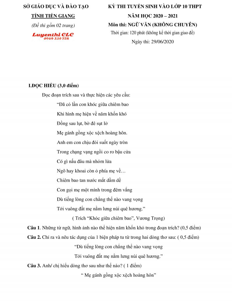 Đề thi tuyển sinh vào lớp 10 THPT môn Ngữ Văn tỉnh Tiền Giang năm 2020