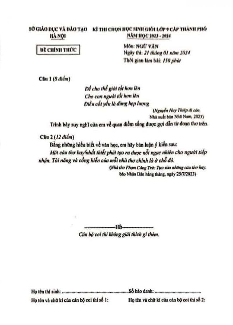 Đề thi chọn HSG môn Ngữ Văn lớp 9 tại Hà Nội năm 2024