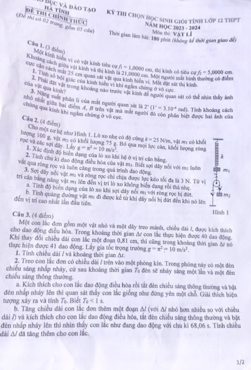 Đề thi chọn HSG môn Vật Lí lớp 12 tỉnh Hà Tĩnh năm 2023