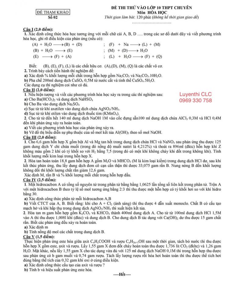 Đề thi thử v&agrave;o lớp 10 THPT CHUY&Ecirc;N m&ocirc;n H&oacute;a Học &ndash; Đề tham khảo số 2