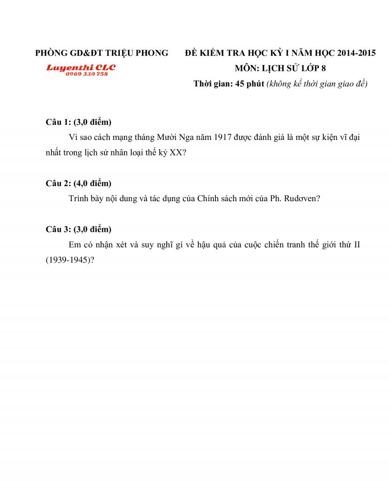 Đề kiểm tra học k&igrave; I v&agrave; đ&aacute;p &aacute;n m&ocirc;n Lịch Sử lớp 8 huyện Triệu Phong, Quảng Trị năm 2014