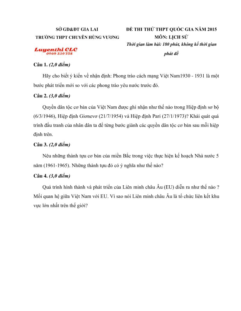 Đề thi thử THPT Quốc Gia môn Lịch Sử tỉnh Gia Lai năm 2015