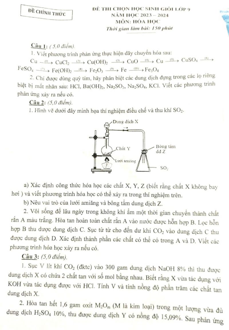 Đề thi chọn HSG m&ocirc;n H&oacute;a Học lớp 9, năm học 2023 - 2024