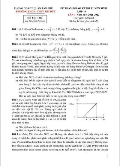 Đề thi thử tuyển sinh vào lớp 10 và đáp án môn Toán Trường THCS - THPT Trí Đức, quận Tân Phú, thành phố Hồ Chí Minh năm 2021