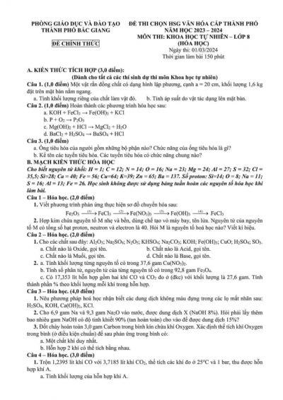 Đề thi chọn HSG cấp thành phố môn KHTN (Hóa học) lớp 8 năm 2023-2024 TP Bắc Giang (có đáp án)