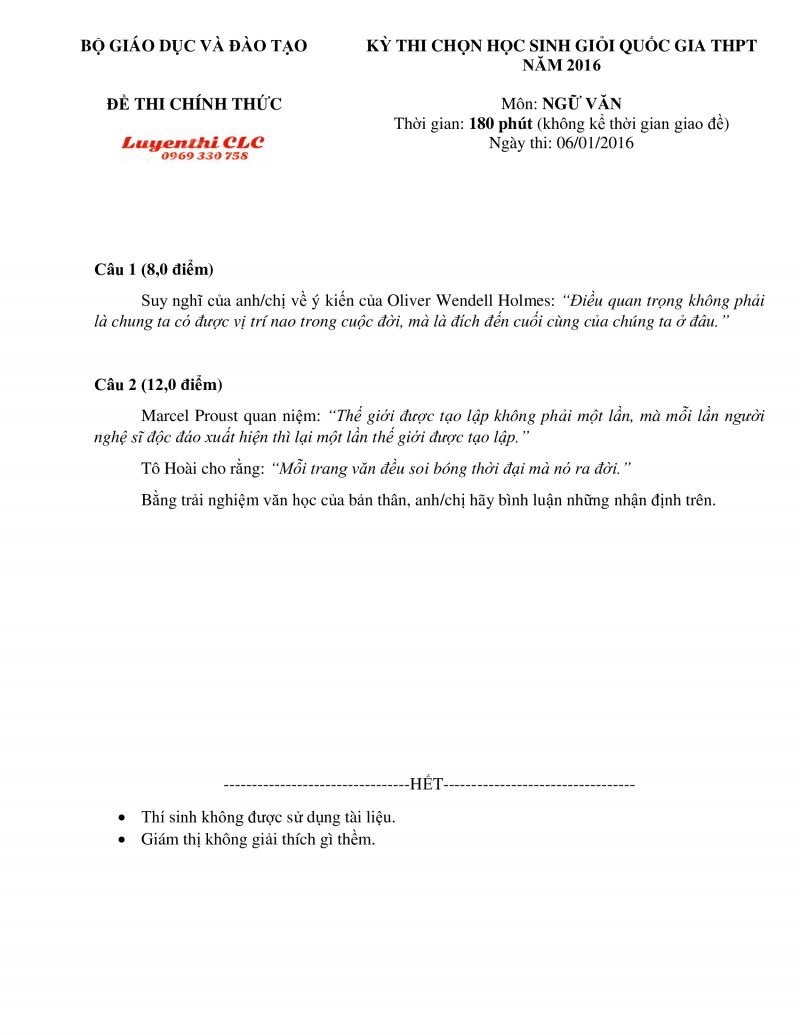 Đề thi chọn HSG Quốc Gia THPT môn Ngữ Văn năm 2016