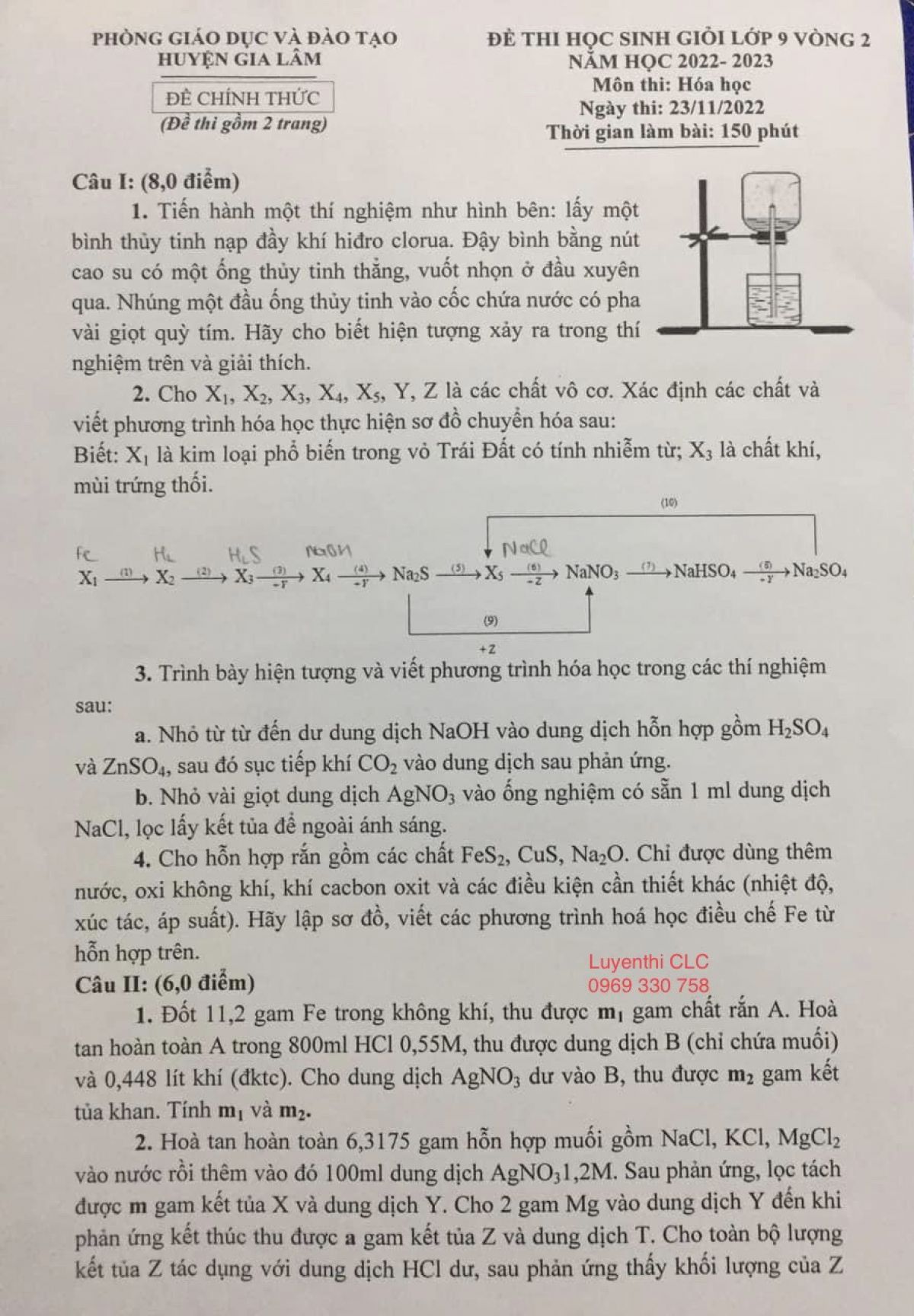 Đề thi chọn HSG môn Hoá Học lớp 9 huyện Gia Lâm, Hà Nội năm 2022