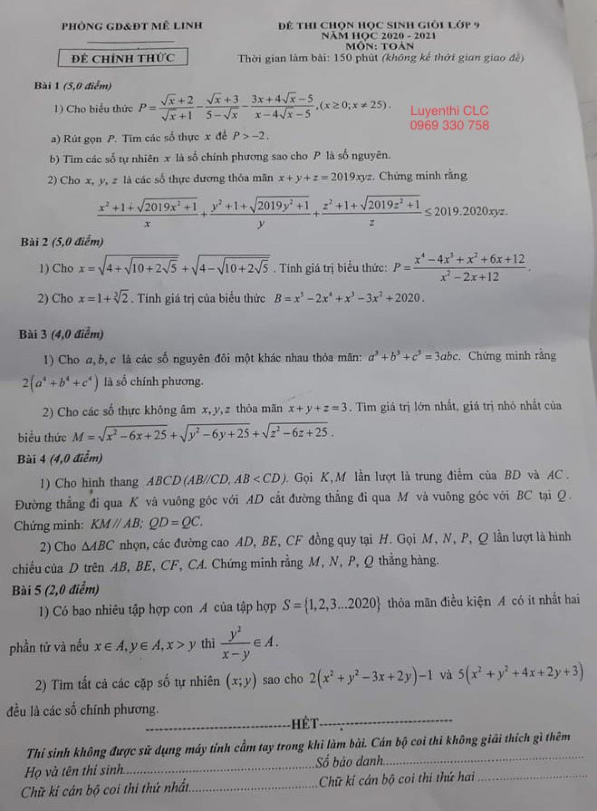 Đề thi chọn HSG lớp 9 m&ocirc;n To&aacute;n tại M&ecirc; Linh năm 2020