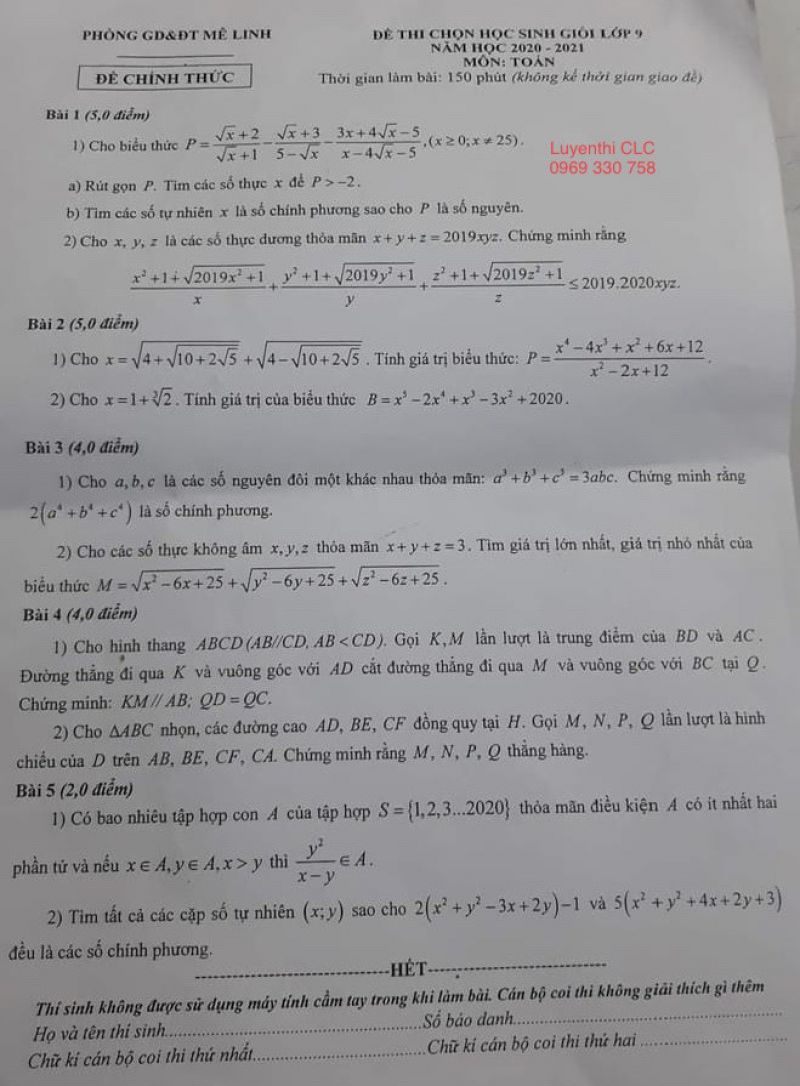 Đề thi chọn HSG lớp 9 m&ocirc;n To&aacute;n tại M&ecirc; Linh năm 2020