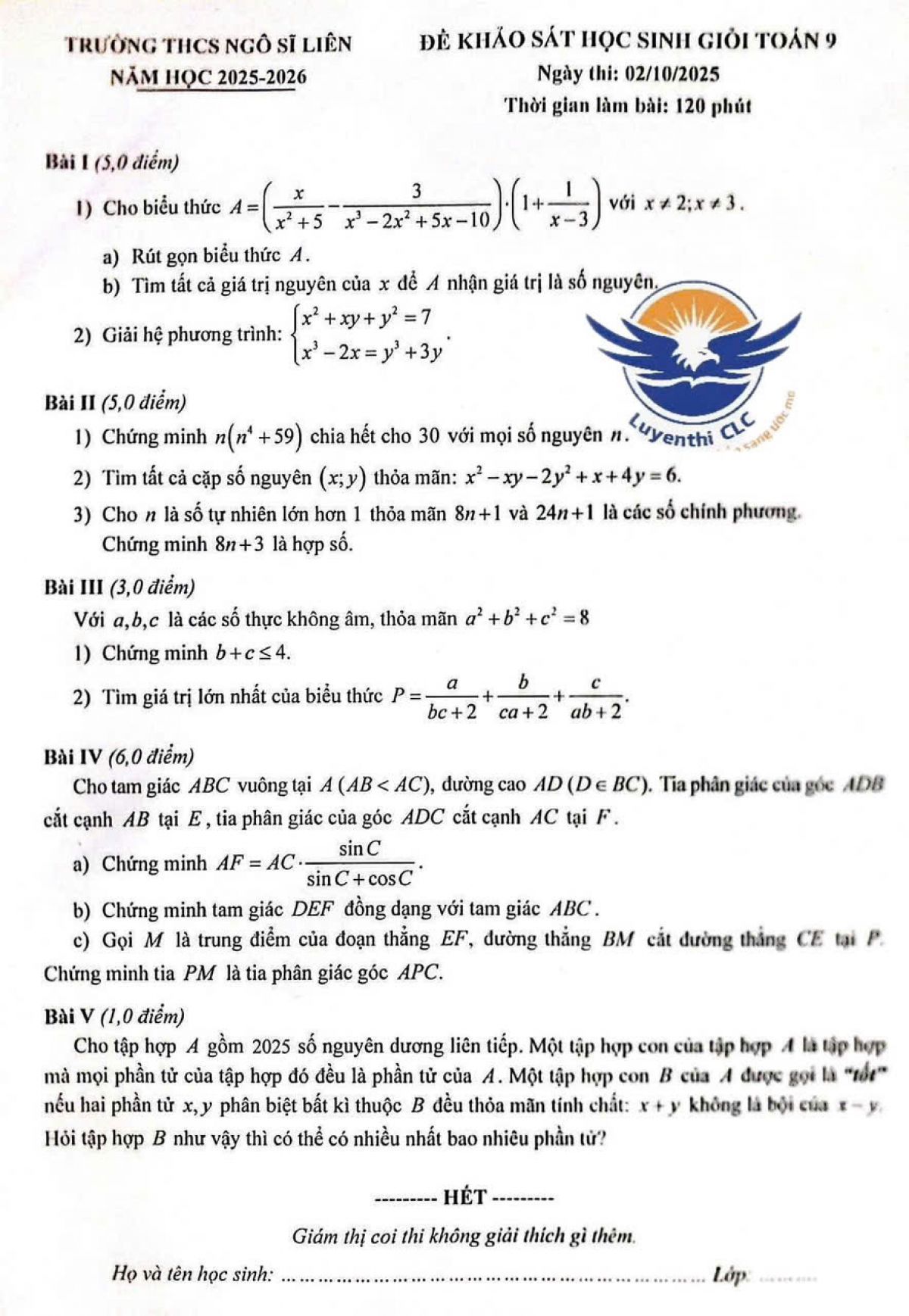 Đề khảo sát HSG Toán 9 - THCS Ngô Sĩ Liên năm 2025