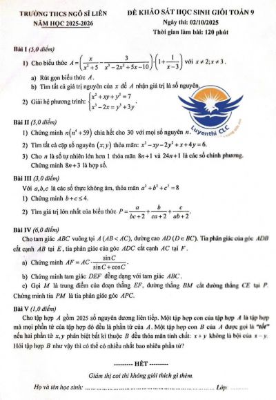 Đề khảo sát HSG Toán 9 - THCS Ngô Sĩ Liên năm 2025