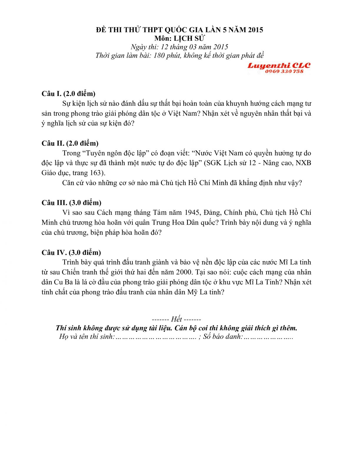 Đề thi thử THPT Quốc Gia lần 5 m&ocirc;n Lịch Sử năm 2015