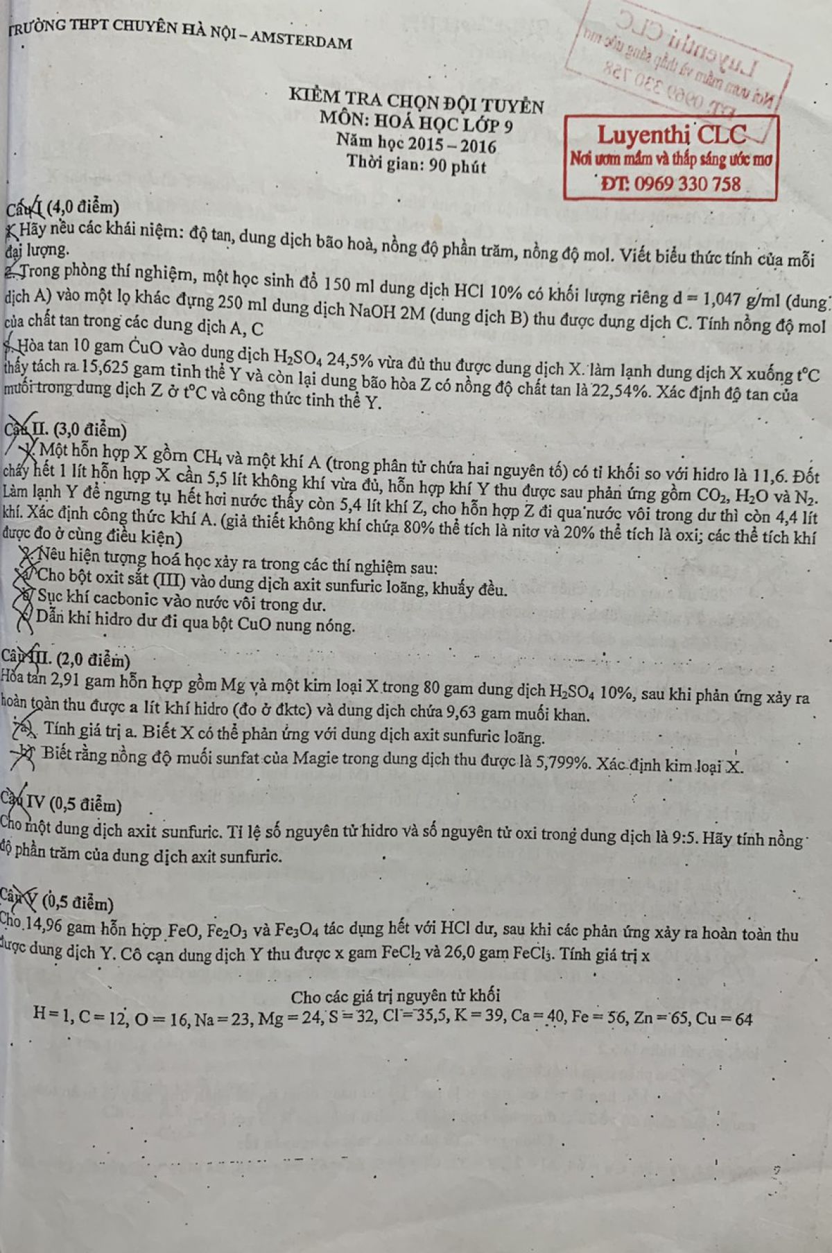 Đề kiểm tra chọn đội tuyển m&ocirc;n H&oacute;a Học lớp 9 Trường  THPT CHUY&Ecirc;N Amsterdam năm 2015