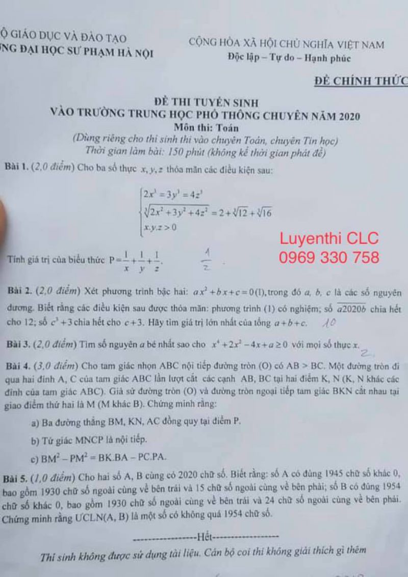 Đề thi môn TOÁN chuyên - tuyển sinh vào lớp 10 THPT chuyên ĐHSP Hà Nội năm 2020 (thi chiều ngày 15/7/2020)
