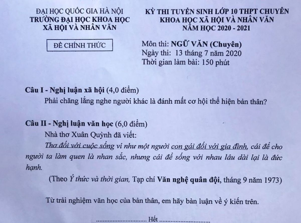 Đề thi tuyển sinh vào lớp 10 THPT CHUYÊN môn Ngữ Văn, Trường Đại Học Khoa Học Xã hội và Nhân văn năm 2020