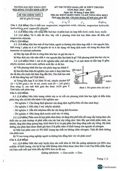 Đề thi v&agrave;o lớp 10 THPT chuy&ecirc;n m&ocirc;n KHTN (H&oacute;a) trường Đại học Khoa Học năm 2025-2026