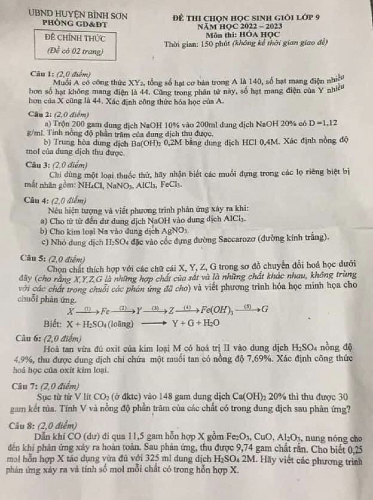 Đề thi chọn HSG m&ocirc;n H&oacute;a Học lớp 9 huyện B&igrave;nh Sơn, tỉnh Quảng Ng&atilde;i năm 2022