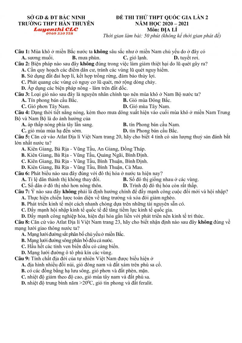 Đề thi thử THPT Quốc gia lần 2 m&ocirc;n Địa L&iacute; Trường THPT H&agrave;n Thuy&ecirc;n tỉnh Bắc Nunh năm 2020