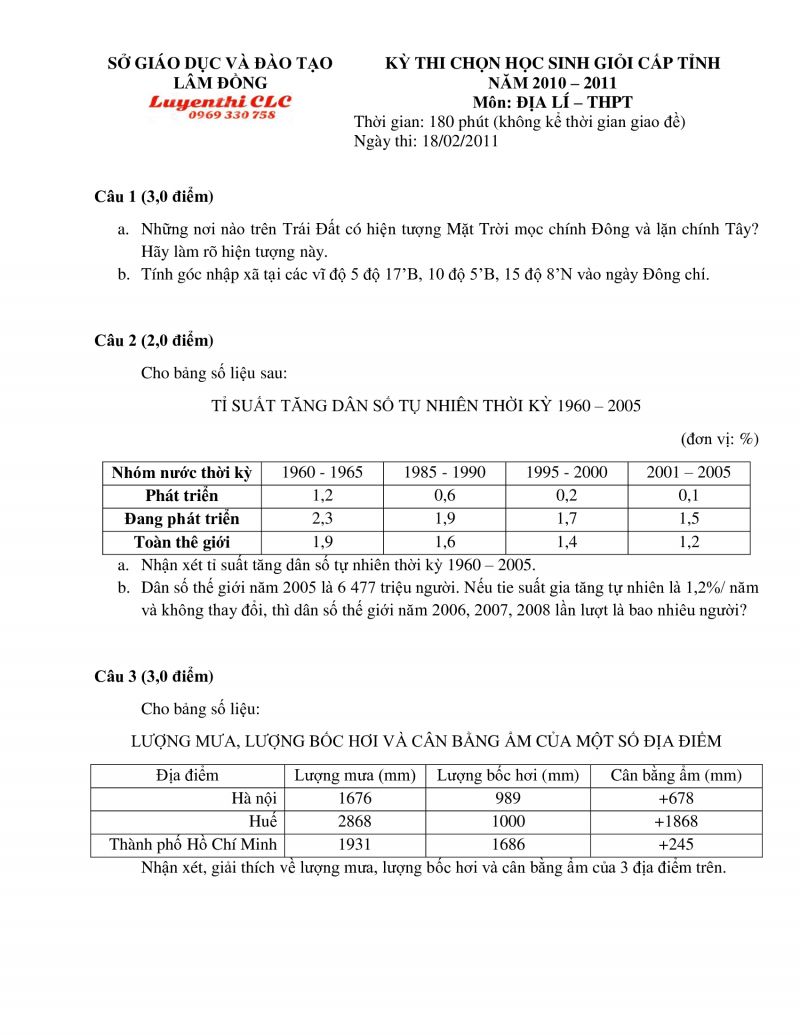 Đề thi chọn HSG THPT cấp tỉnh môn Địa Lí tỉnh Lâm Đồng năm 2011