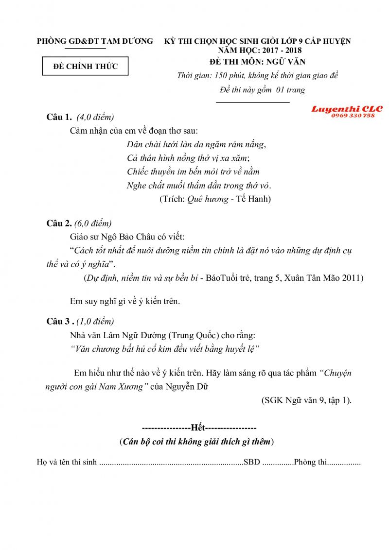 Đề thi chọn HSG lớp 9 cấp huyện môn Ngữ Văn huyện Tam Dương, tỉnh Vĩnh Phúc năm 2017
