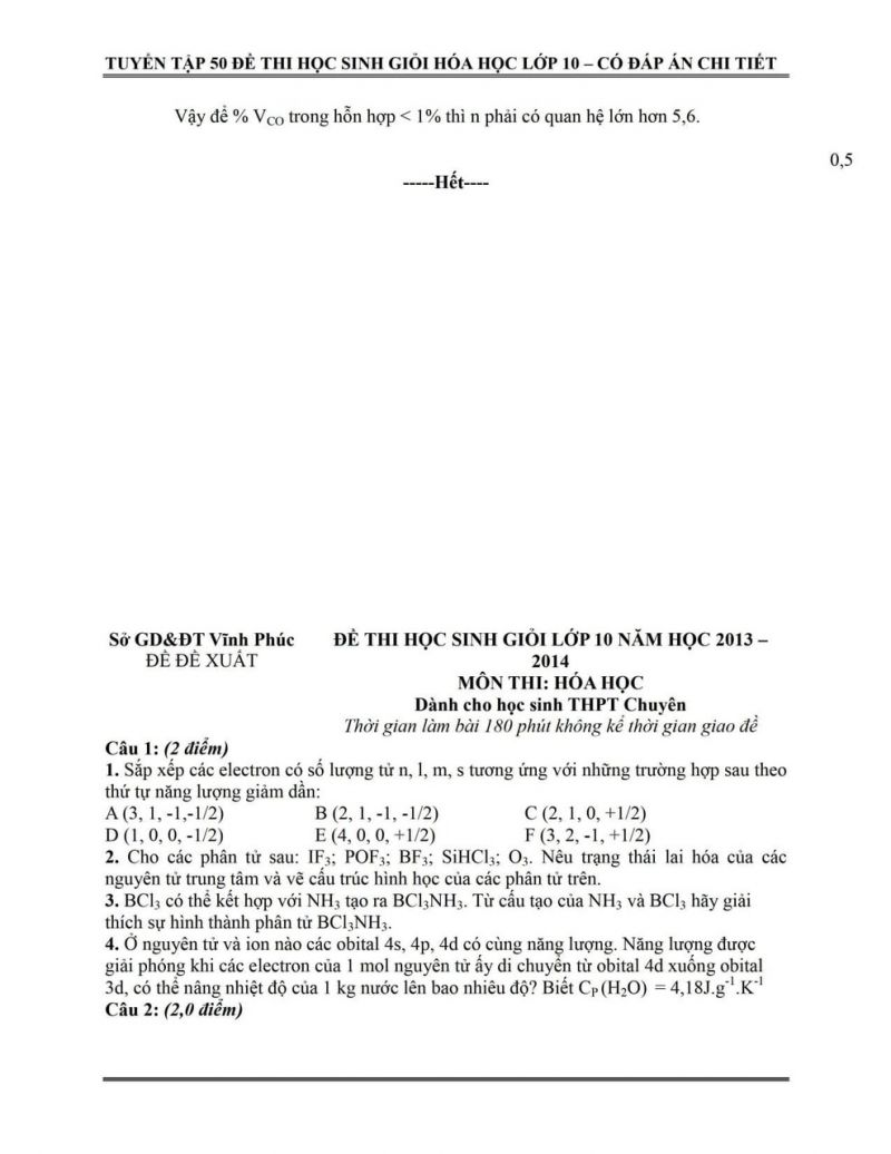 Đề thi HSG và đáp án môn Hóa Học lớp 10 tỉnh Vĩnh Phúc năm 2014 (Đề đề xuất)