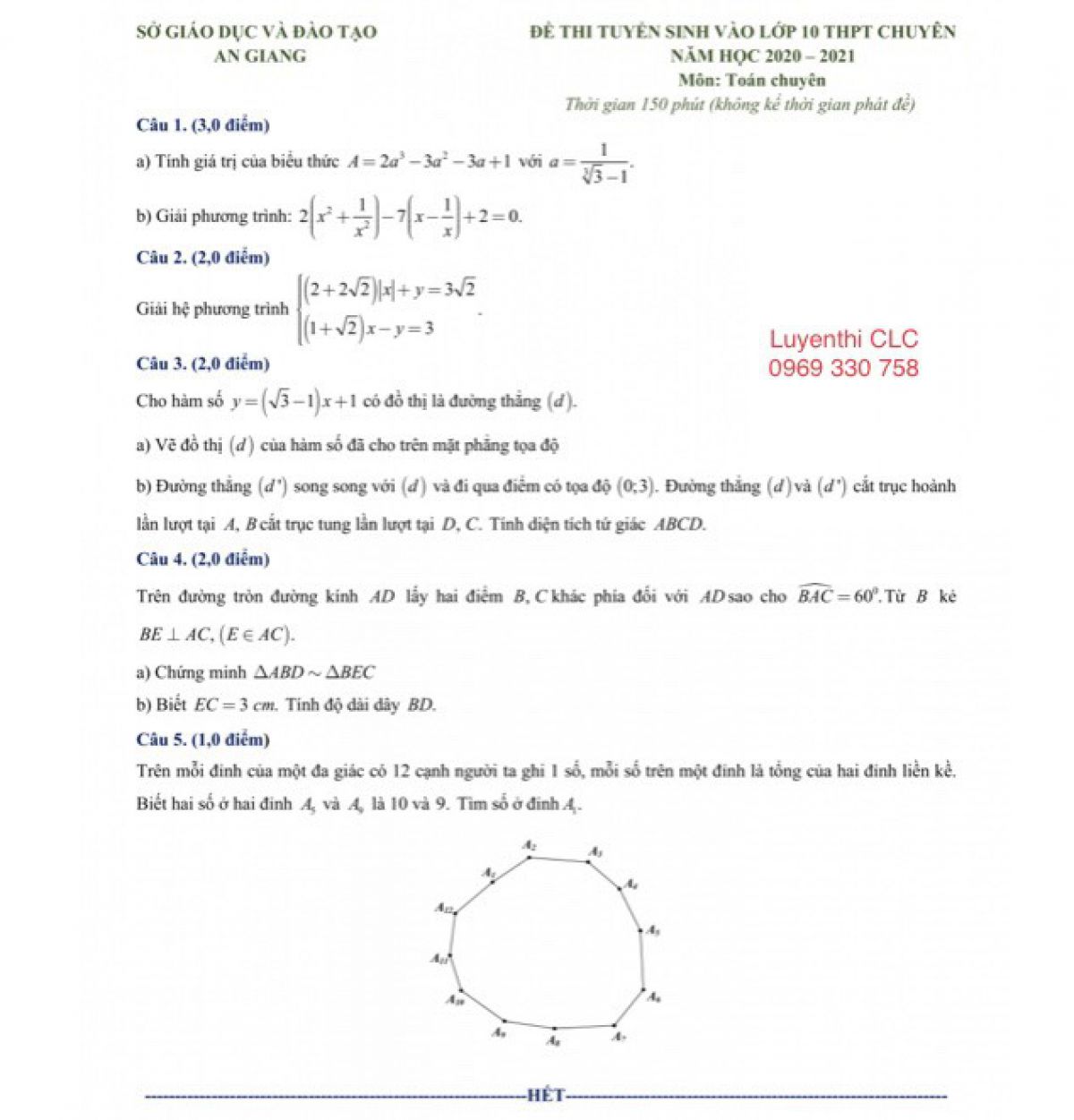 Đề thi tuyển sinh v&agrave;o lớp 10 THPT CHUY&Ecirc;N v&agrave; đ&aacute;p &aacute;n m&ocirc;n To&aacute;n tỉnh An Giang năm 2020