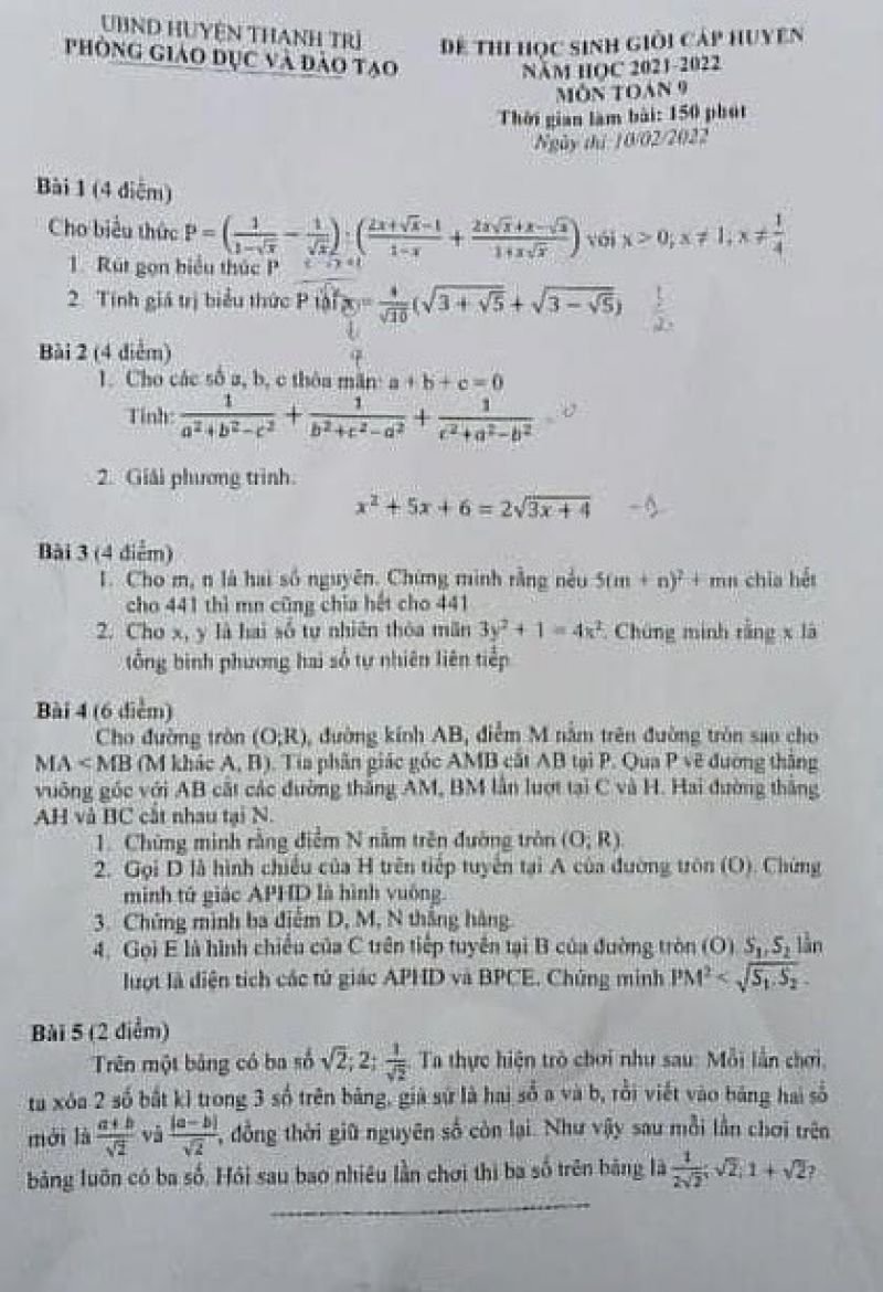 Đề thi chọn HSG m&ocirc;n To&aacute;n lớp 9 huyện Thanh Tr&igrave;, H&agrave; Nội năm 2022