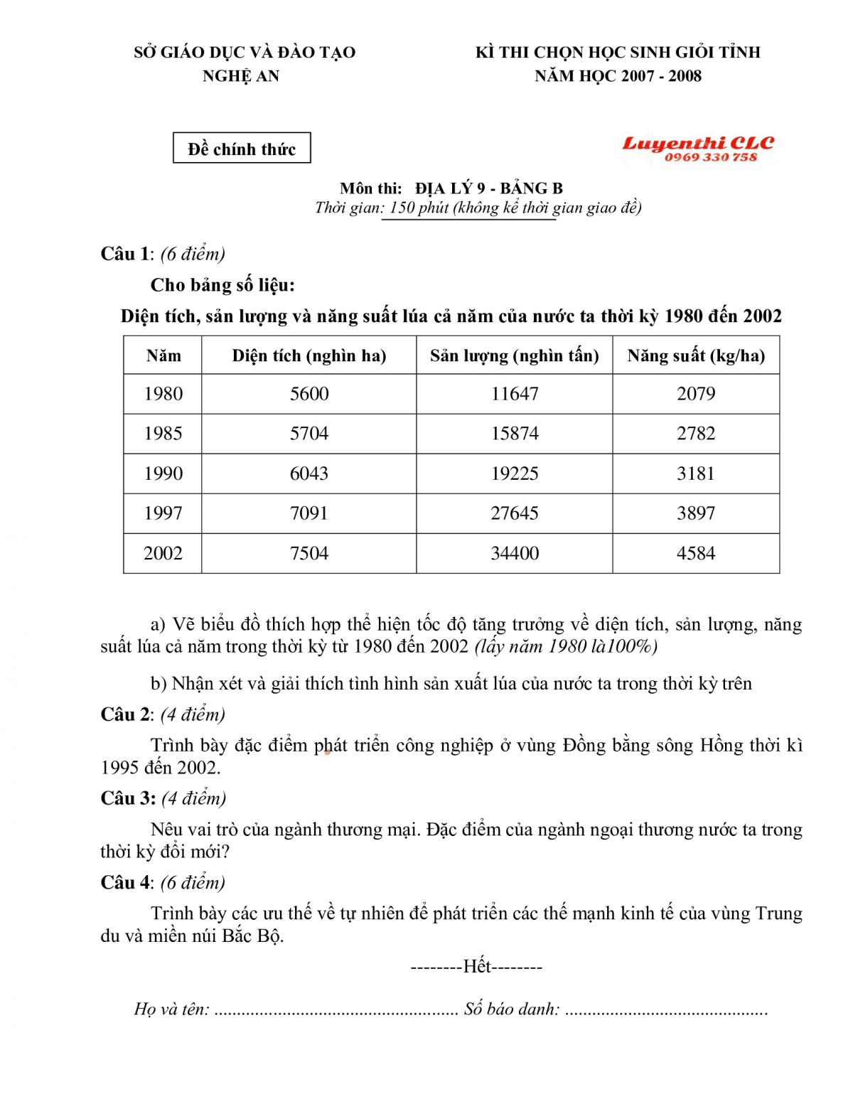 Đề thi chọn HSG tỉnh môn Địa Lí 9 - Bảng B tỉnh Nghệ An năm 2007
