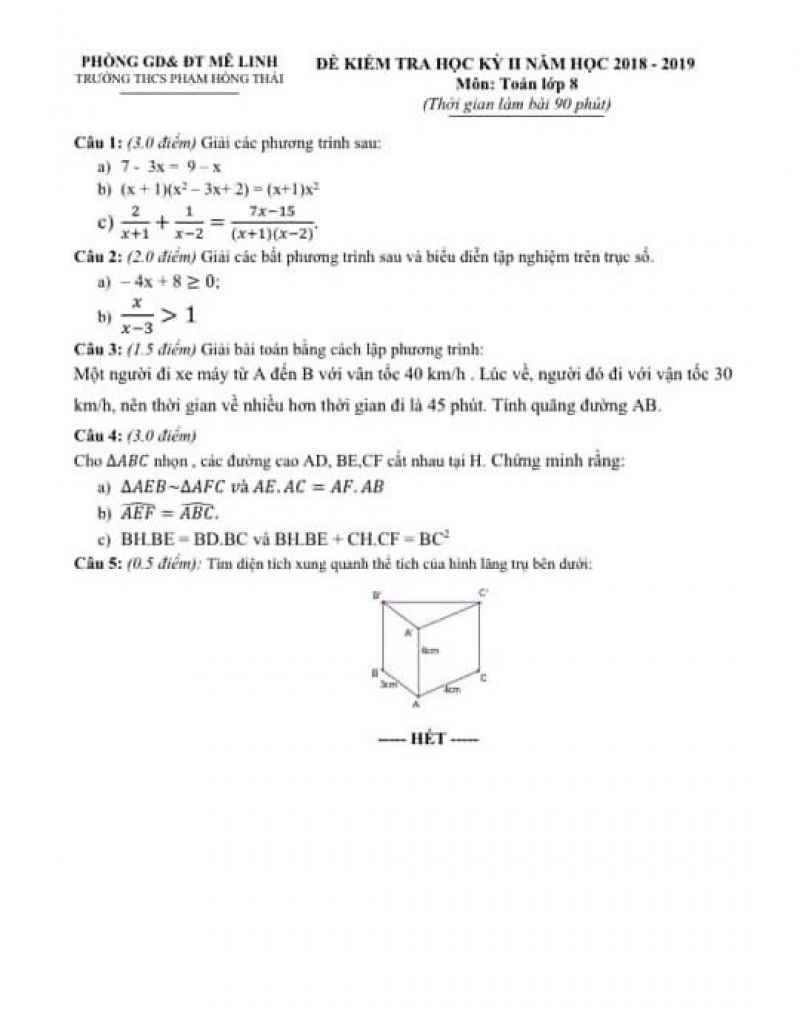 Đề kiểm tra học kì II môn Toán lớp 8 Trường THCS Phạm Hồng Thái, huyện Mê Linh, Hà Nội năm 2018