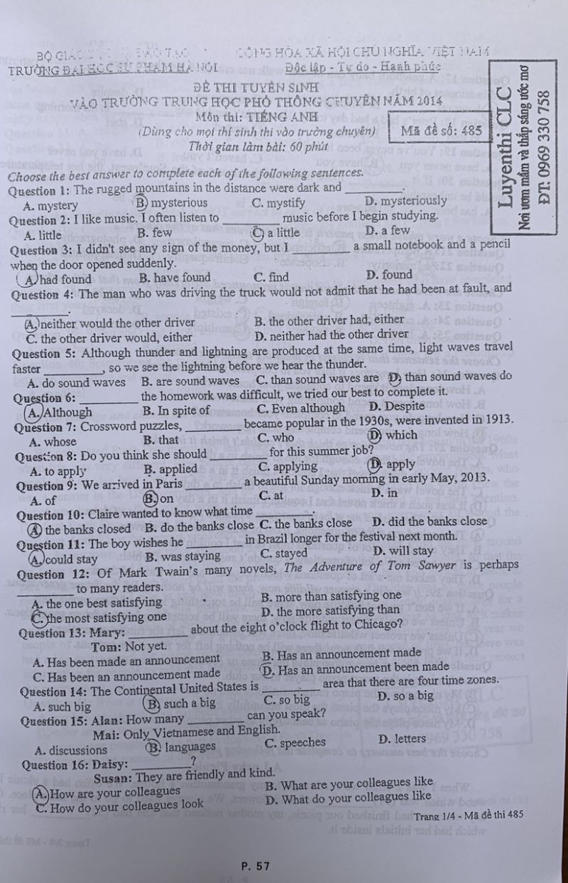Đề thi tuyển sinh vào Trường THPT CHUYÊN môn Tiếng Anh Trường Đại học Sư phạm Hà Nội năm 2014